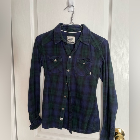 Tna, classic plaid button up. Size XXS. Blue/green. - Picture 1 of 3